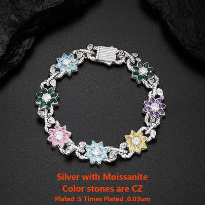 New Iced Out Moissanite Chain Necklace & Colorful Flower Bracelet – Hip Hop S925 Silver, 18K Plated Jewelry for Men & Women
