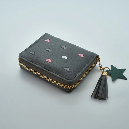 Pu Leather Mini Wallet for Women - Multifunctional Money Clip with Love Embroidery and Certificate Storage