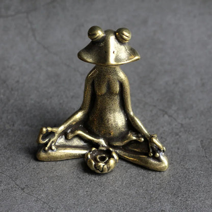Antique Brass Zen Frog Statue - Meditation Copper Animal Sculpture Incense Burner Home Desk Decor Tea Pet Ornament