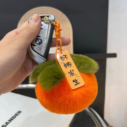 2024 Real Rabbit Fur Mini Persimmon Keychain – Cute Plush Rex Fur Pendant for Bags, Cars, and Gifts