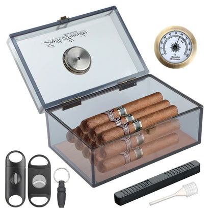 Scotte Acrylic Cigar Case Humidor – Holds 20 Cigars, Includes Hygrometer, Humidifier, Cigar Cutters, Punch & Accessories