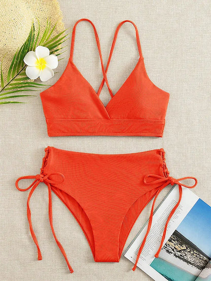Cikini V-Neck Split Bikini Set – Sexy Lace-Up Triangular Solid Color Swimwear for Women