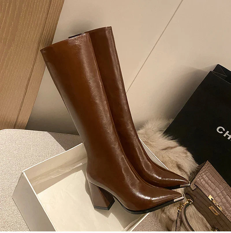 Pointed Toe Women's High Boots – Fashionable Side Zipper Long Booties, Elegant Party High Heel Shoes for Winter