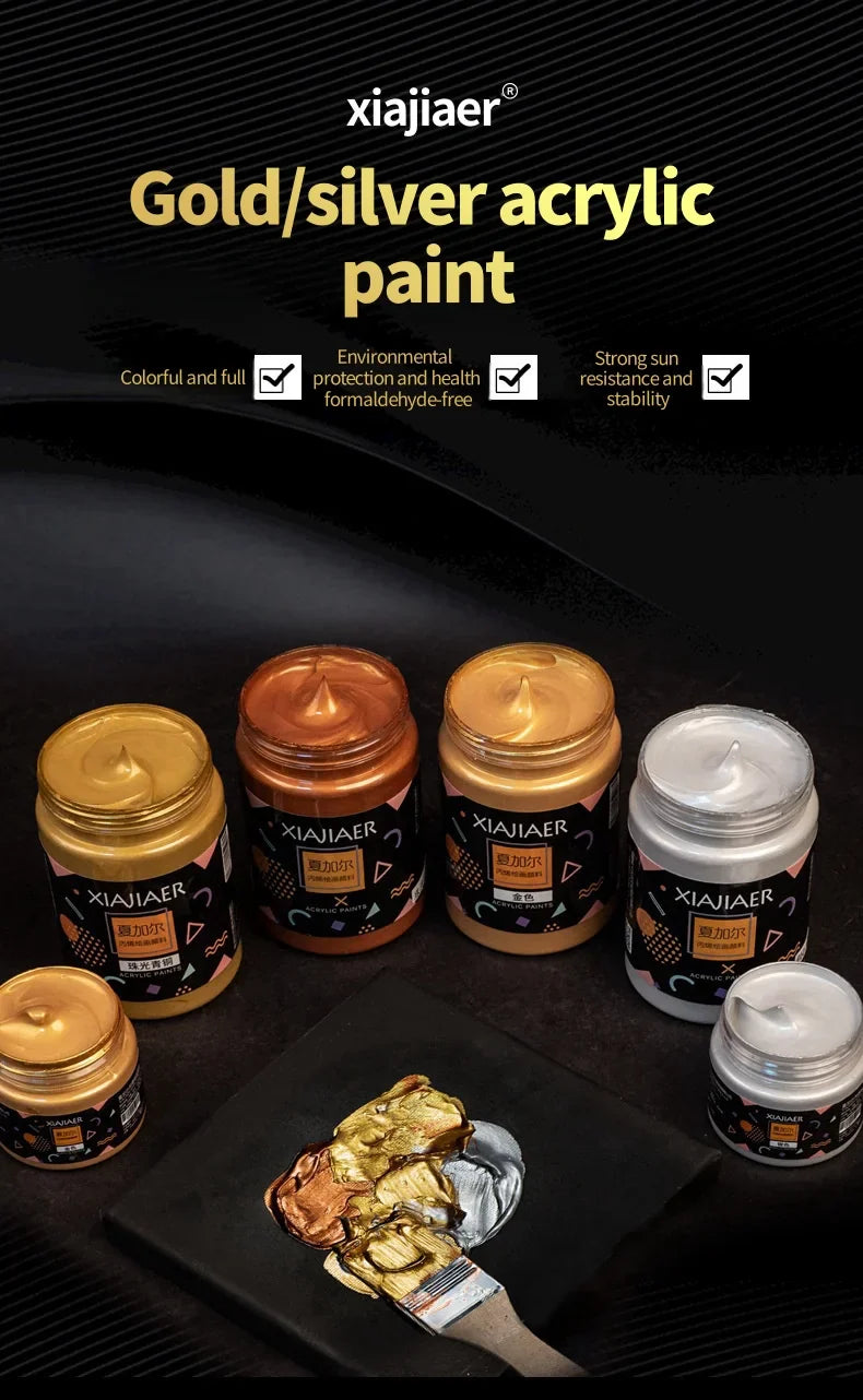 300ML/100ML Gold & Metallic Silver Acrylic Pigment – Pearlescent Bronze for Acrylic Painting, Xiajiaer Art Pigment