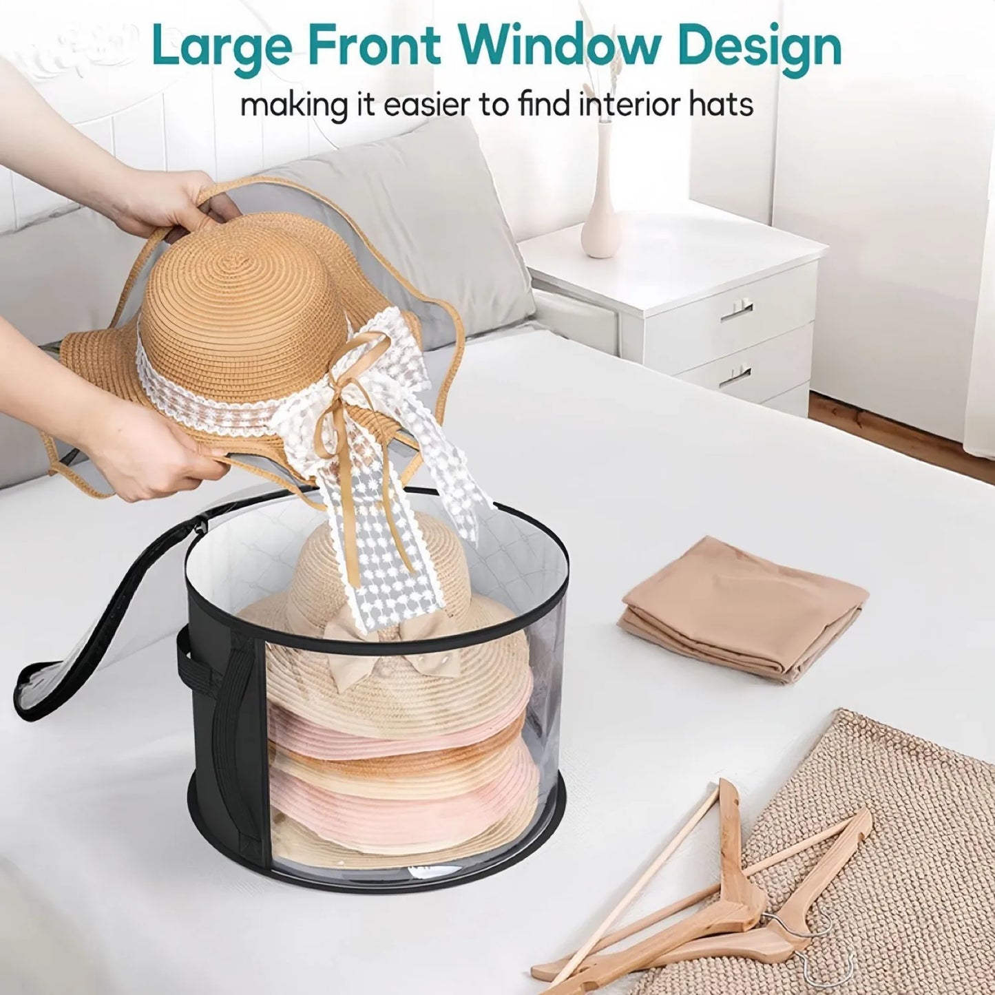 Foldable Hat Storage Bucket Bag – Travel Organizer with Handle & Clear Window for Wide Brim Hats