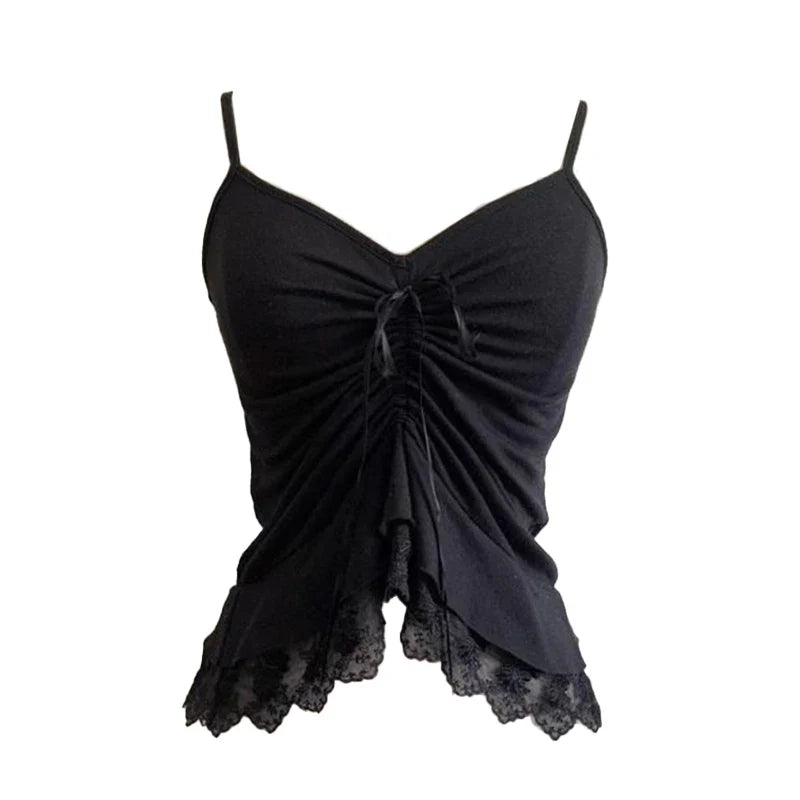 Women’s Grunge Punk Gothic Camisole Top – Y2K V-Neck Bow Lace Slim Fit Crop Cami Streetwear