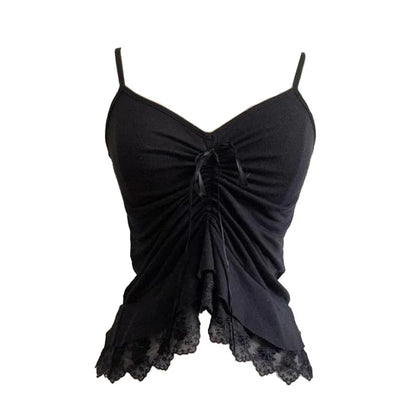 Women’s Grunge Punk Gothic Camisole Top – Y2K V-Neck Bow Lace Slim Fit Crop Cami Streetwear