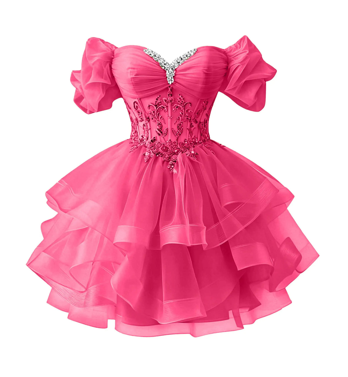 Beaded Lace Homecoming Dress - Short Tiered Tulle Sequin Prom & Quinceañera Gown