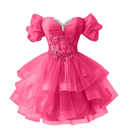 Beaded Lace Homecoming Dress - Short Tiered Tulle Sequin Prom & Quinceañera Gown