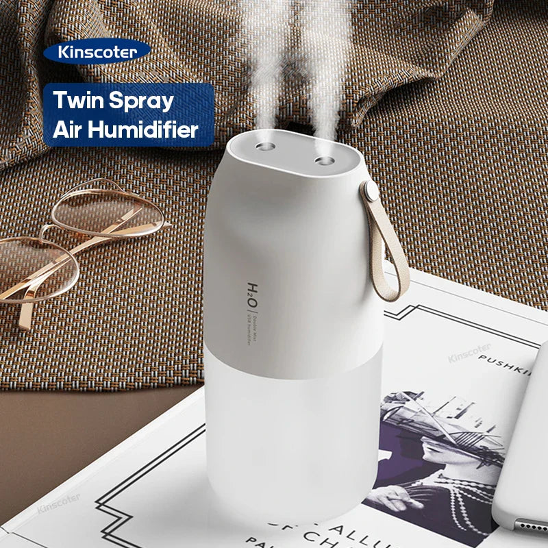 KINSCOTER Portable Double Mist Air Humidifier – 300ml Cold Mist Diffuser, 2000mAh Car Air Purifier & USB Mini Air Freshener