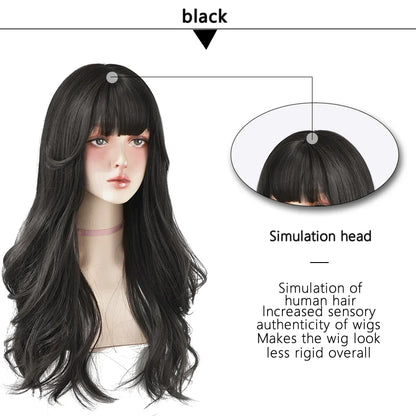 7JHH Brown Ash Long Deep Wave Lolita Wig for Women — Synthetic Hair with Bangs, Thick Curly Fashion Wig