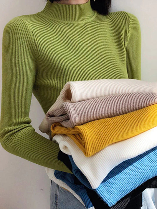 Autumn Winter Women's Mock Neck Sweater - Vintage Solid Knitted Casual Slim Pullover, Chic Korean Jumper Tops
