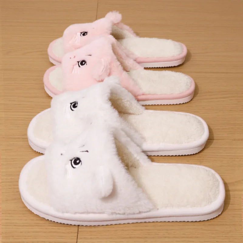 Cartoon Cat Plush Slippers - Women’s Open Toe Faux Fur Indoor Shoes with Non-Slip Wave Sole