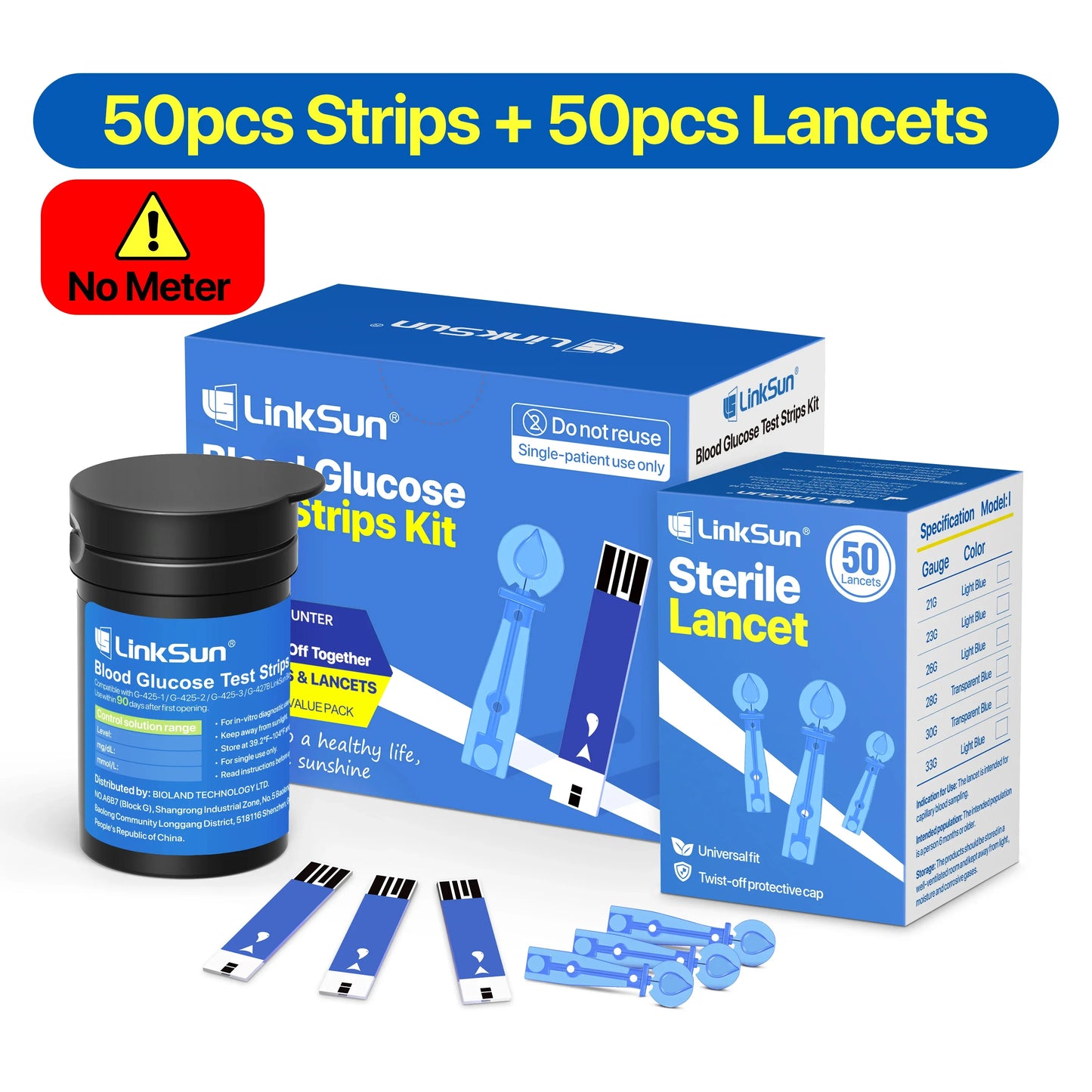 Linksun G-425-2 Blood Glucose Meter — 50/100PCS Test Strips, Digital Diabetes Testing Device, Blood Sugar Monitor
