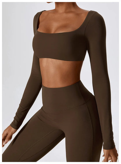 2PCS Seamless Women’s Yoga Set – Long Sleeve Crop Top & Leggings Workout Outfit, Athletic Gym Sportswear