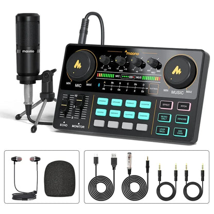 Maono AM200-S1 Microphone & Sound Card Set – MaonoCaster Audio Interface with Condenser Mic for Live Streaming, Recording on PC & Phone