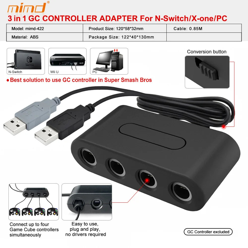 4-Port GameCube Controller Adapter – USB Converter for Nintendo Switch, Wii U, PC, and NGC – Star Fighting Game Support