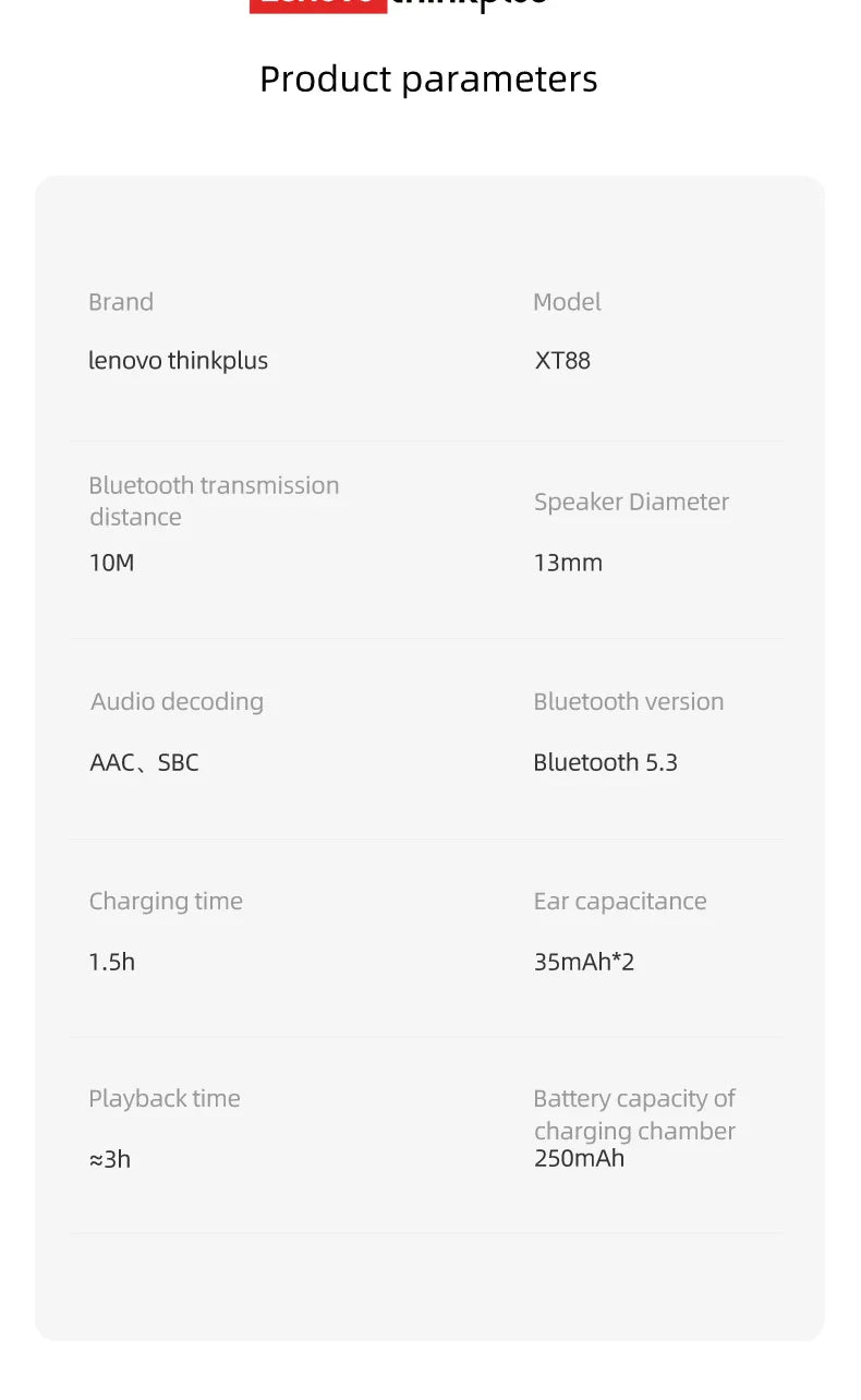 Lenovo Thinkplus XT88 In-Ear Bluetooth Earphones — Dual Mic, Stereo Noise Reduction, Bass HiFi Touch Earbuds