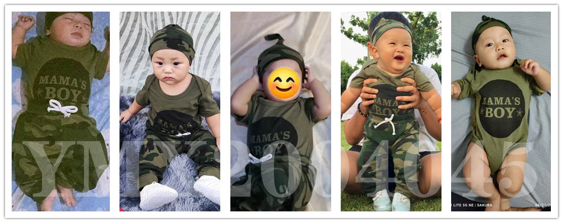 Newborn Baby Boy Summer Outfit – 3pcs Set with Letter Romper, Camouflage Pants & Hat, 0-18 Months
