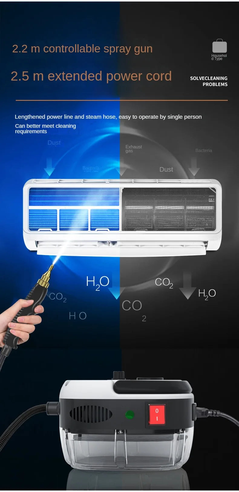 High-Temperature Steam Cleaner - Sterilization for Air Conditioning, Kitchen Hood, Home & Car, 110V US Plug / 220V EU Plug