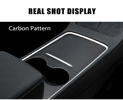 Tesla Model 3/Y 2021-2023 Center Console Panel Sticker – Wood Grain & Carbon Fiber Car Interior Cover