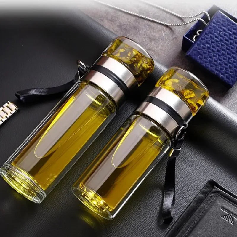 Double Layer Borosilicate Glass Tea Water Bottle with Infuser - Stylish Tea Tumbler for On-the-Go Tea Lovers
