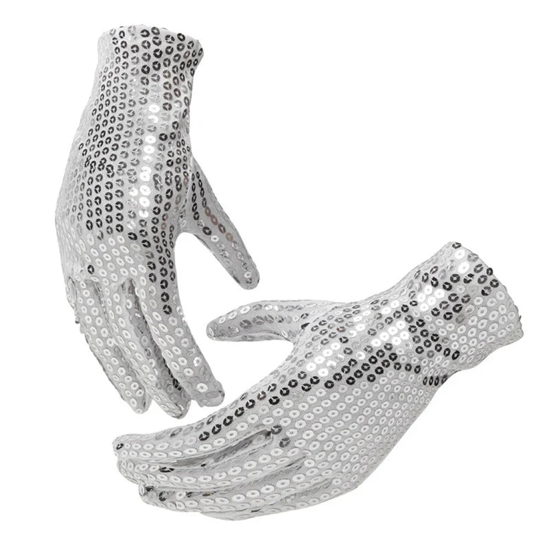 Internet Celebrity Sequined Gloves — Short Fashion Stage Performance Mittens in Black, Silver, Red, Yellow & Blue