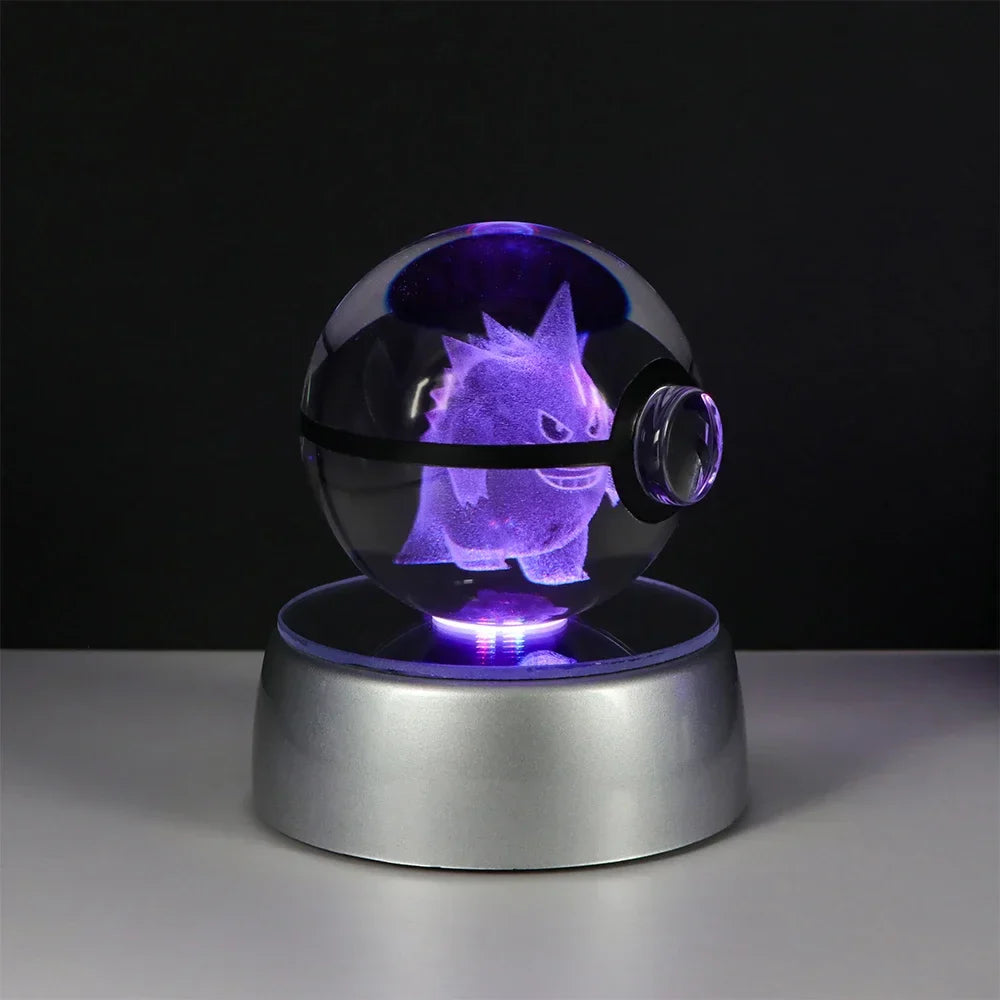 Pokémon 3D Crystal Ball LED Night Light – Pikachu Gengar Eevee Mewtwo Pokéball Base Lamp Kids Birthday & Home Decor Gift