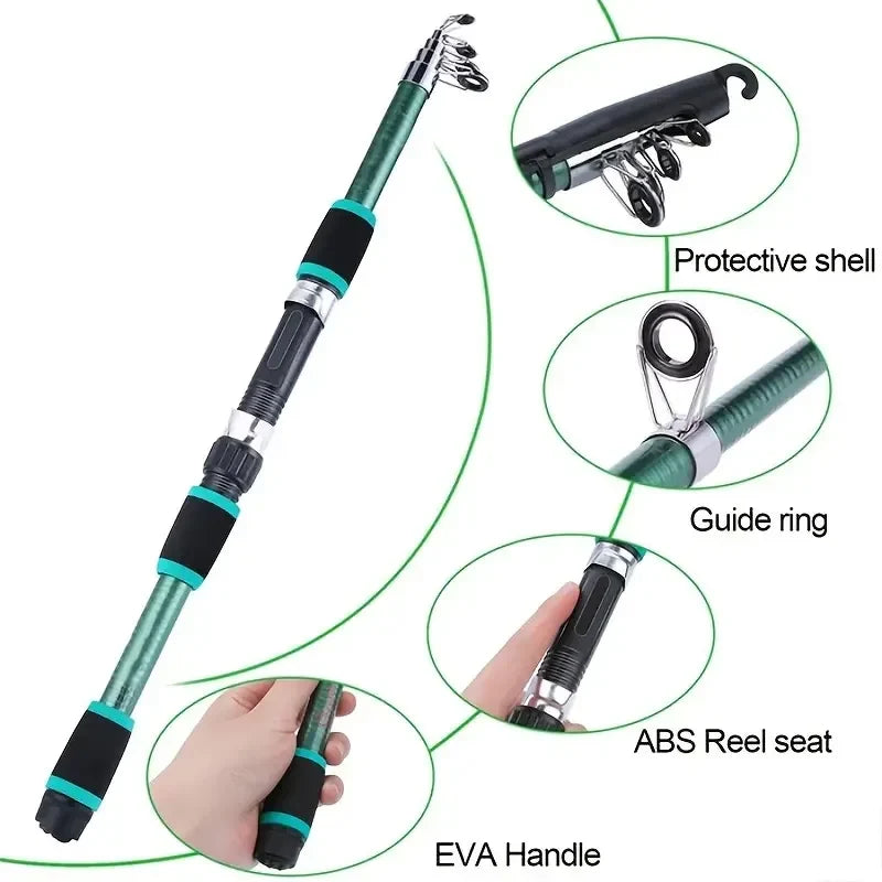 Fishing Pole Set - Telescopic Rod & Spinning Reel Combo with Baits, Hooks & Travel Accessories