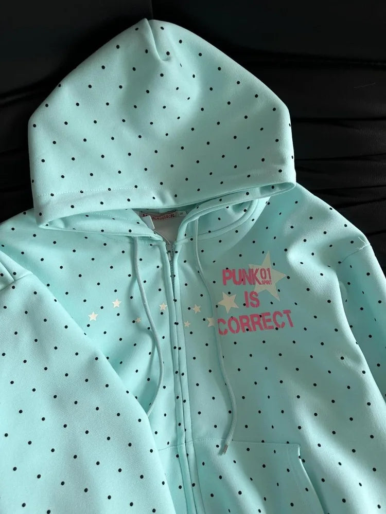 Women’s Y2K Star & Polka Dot Hoodie - Loose Casual Letter Print Sweatshirt Jacket