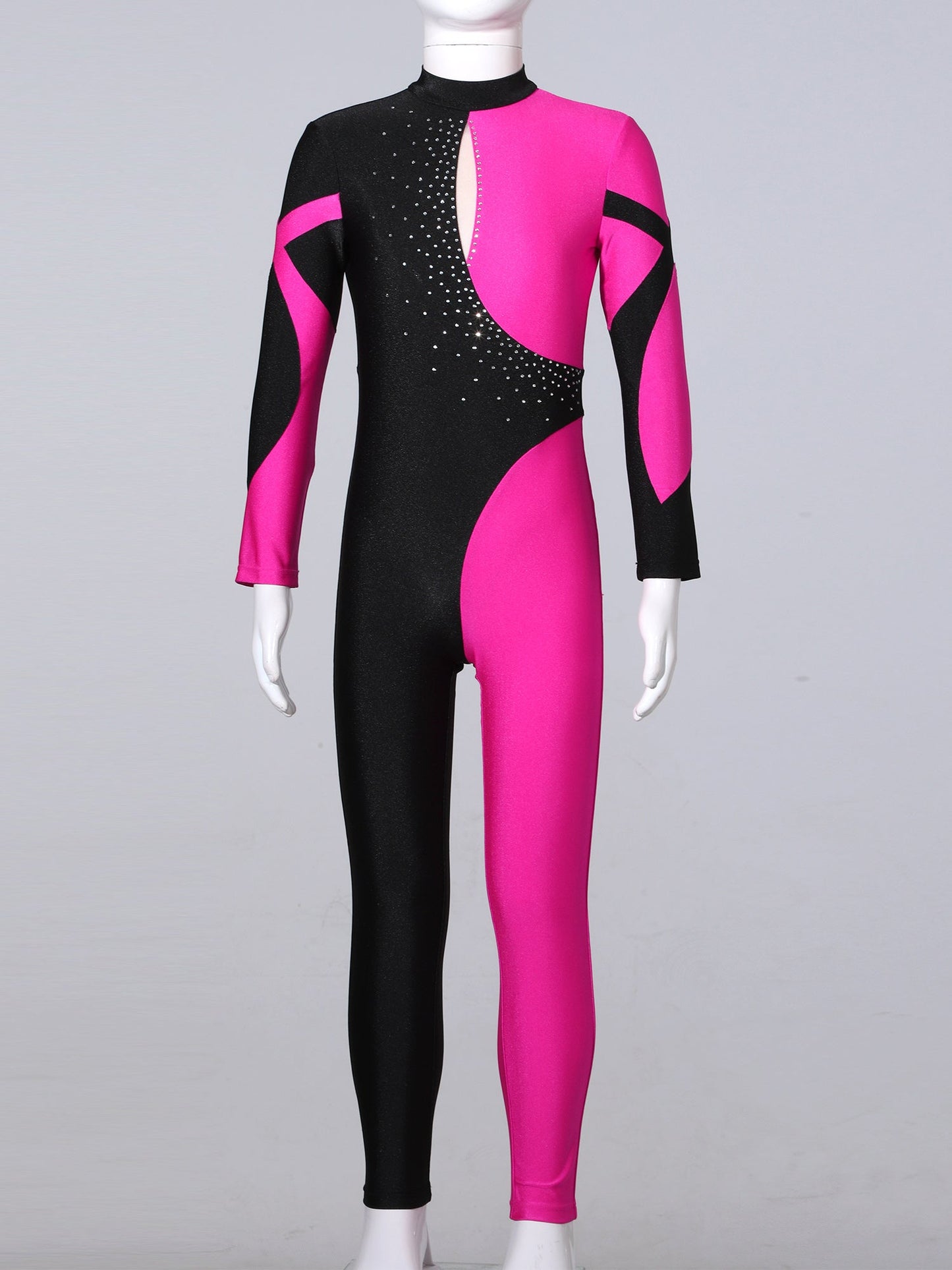 Kids Girls Long Sleeve Rhinestone Bodysuit — Full Body Dancewear Gymnastics Leotard Skating Jumpsuit