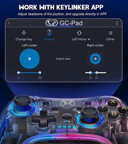 Controller 7039 for Nintendo Switch – Transparent Gamepad with RGB Lights, Turbo, Wake-Up, Multi-Platform & App Support