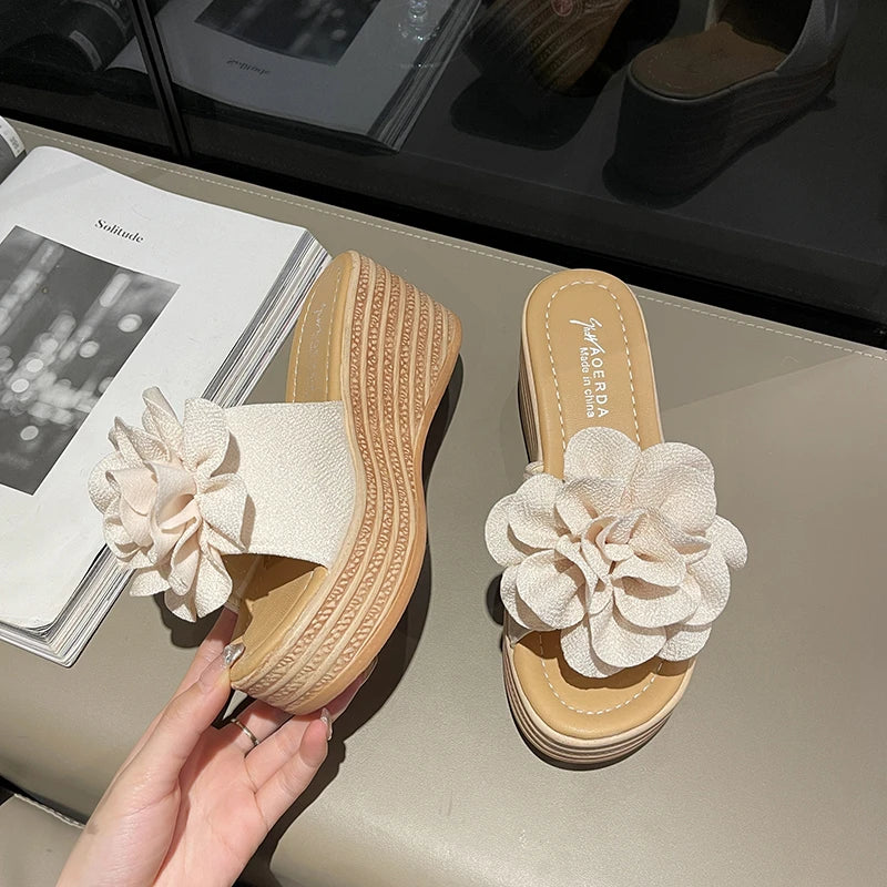 Women's Flower Wedge Sandals - Slip-On High-Heel Platform Summer Shoes