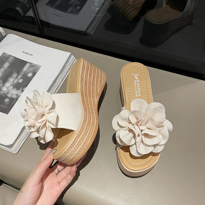 Women's Flower Wedge Sandals - Slip-On High-Heel Platform Summer Shoes