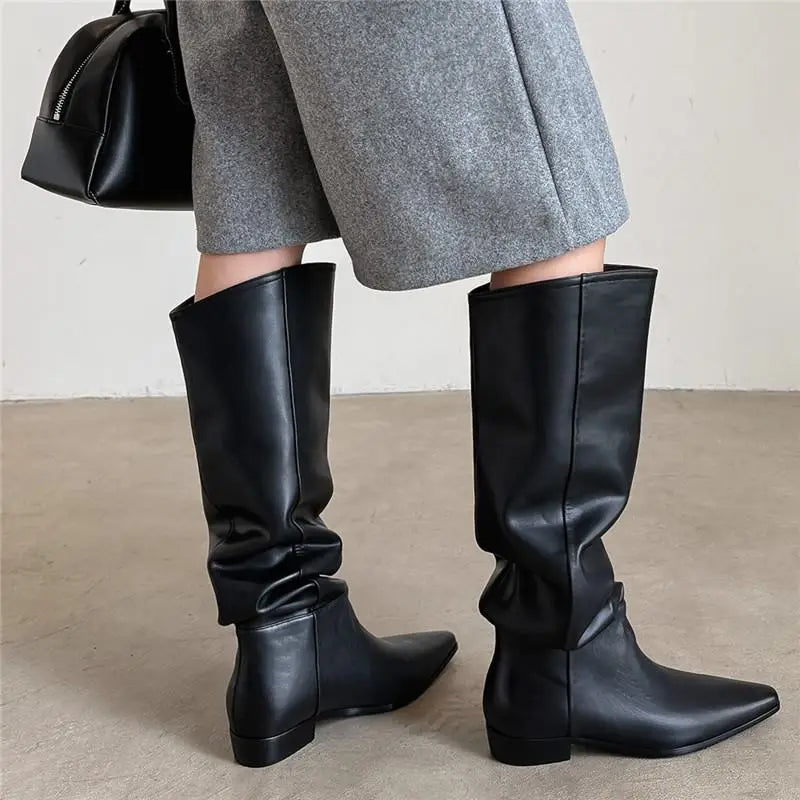 MORAZORA Women’s Cow Suede Knee-High Boots – Pointed Toe, Low Square Heel, Autumn Winter Long Boots, Size 34-41