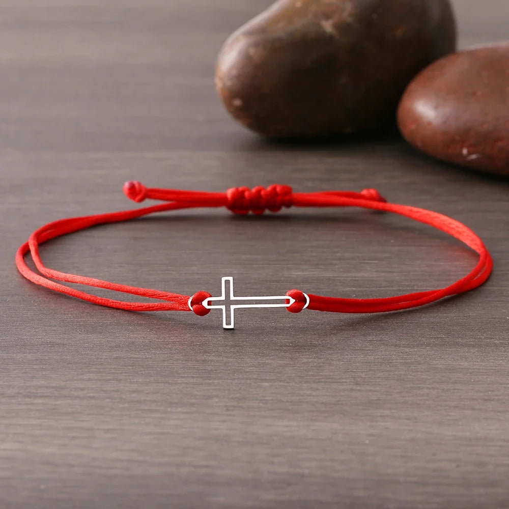 Gothic Cross Rope Bracelet - Stainless Steel Hollow Charm Hand Braided Lucky Black & Red Jewelry Gift for Women
