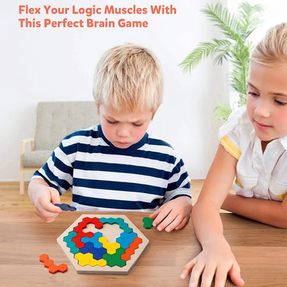 Hexagonal Wooden Puzzles – IQ Brain Teaser Game, Educational Tangram Toy for Kids & Adults, Montessori Gift for Cognitive Development