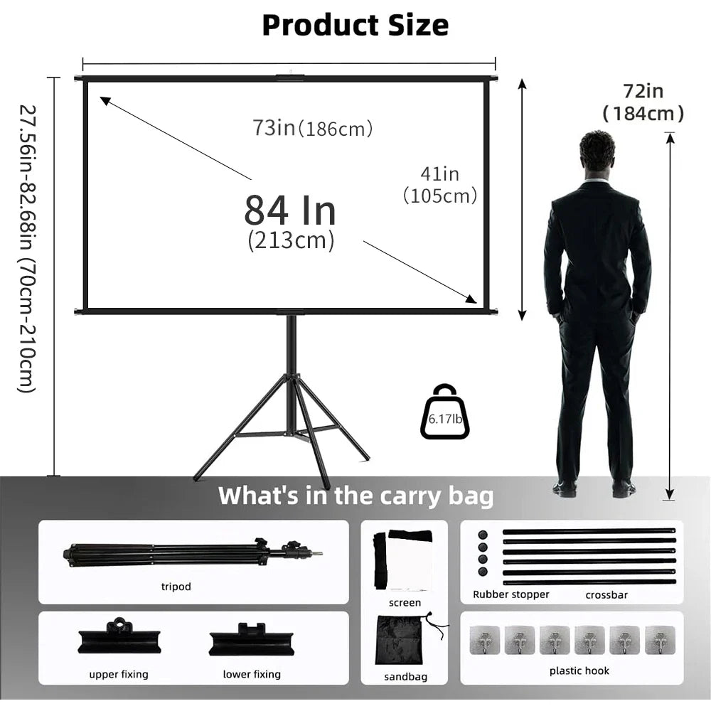 Foldable 16:9 Projector Screen with Stand – Wrinkle-Free 60–120" Portable Home Theater Indoor/Outdoor Screen