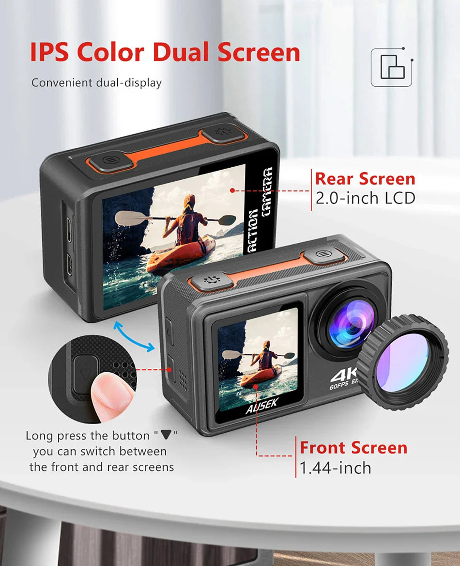 AUSEK S81TRW 5K Action Camera – 4K60FPS, 48MP, EIS, 5X Zoom, 1080P Webcam, Wi-Fi Vlog Sports Cam with Remote & Optional Filters