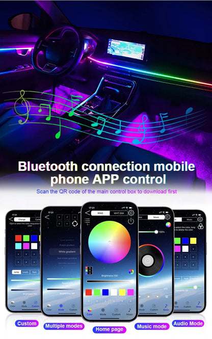 6/10/14/18-in-1 LED Car Ambient Lights – RGB 213 64-Color Acrylic Strips, Rainbow Symphony Streamer Interior Atmosphere Lamp Kit