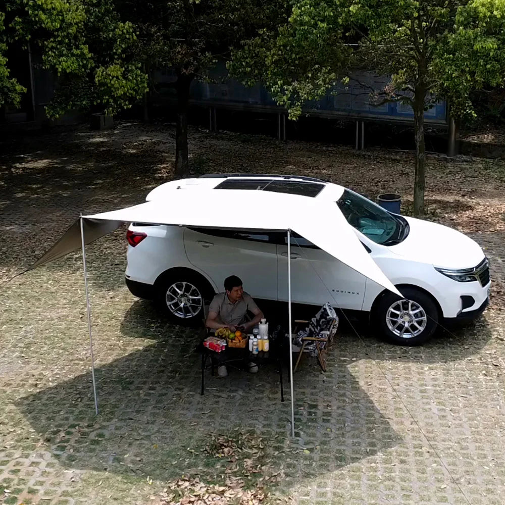 Manta Ray Car Side Awning – Black Coating Waterproof Tarp with Suction Cup Anchor for SUV Camping & Shade