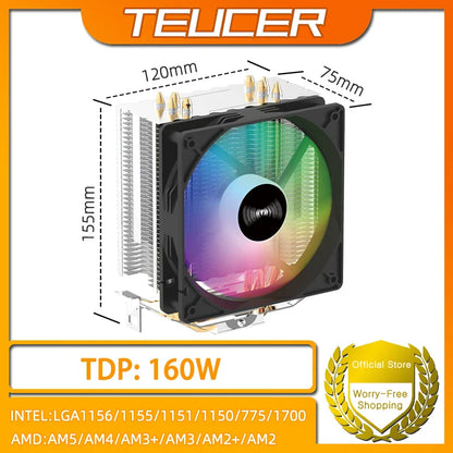 TEUCER CPU Cooler — 4 Heat Pipe Radiator with 3-Pin PWM Silent RGB Fan for Intel LGA 1700/1150/1155/1156/1366 & AMD AM2/AM3/AM4