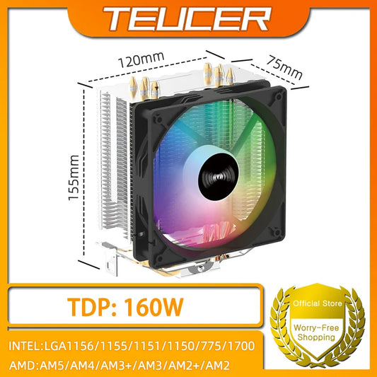 TEUCER CPU Cooler — 4 Heat Pipe Radiator with 3-Pin PWM Silent RGB Fan for Intel LGA 1700/1150/1155/1156/1366 & AMD AM2/AM3/AM4