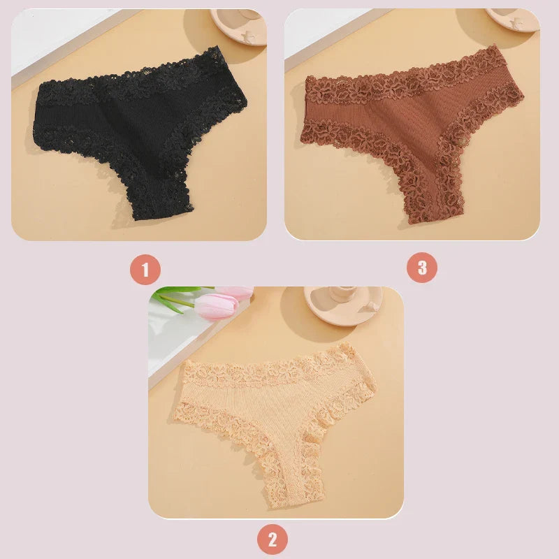 3PCS Lace Seamless Cotton Panties - Ribbed Brazilian Low Waist, Breathable Women’s Underwear, Plus Size Lingerie