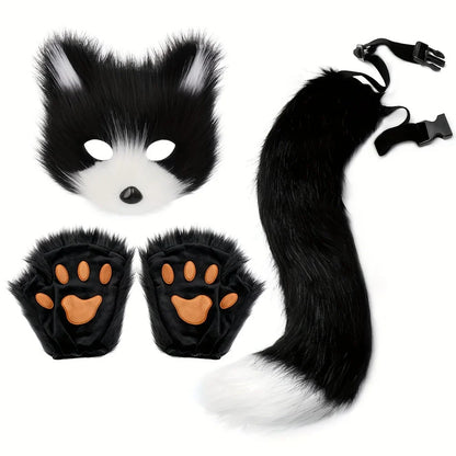 5pcs Fluffy Fur Fox Tail & Cat Paws Gloves Set — Wolf Mask Halloween Cosplay Costume Accessories for Theme Party Dress-Up