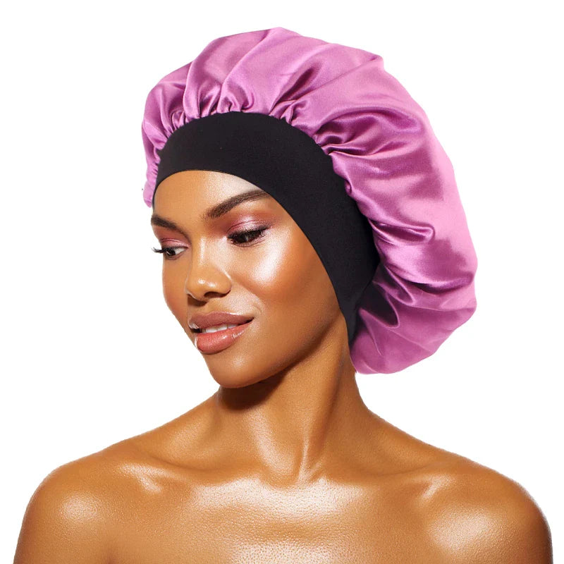 Women's Satin Wide-Brimmed Bonnet – Unisex Night Sleeping & Bathing Head Wrap with Elastic Band for Hair Care