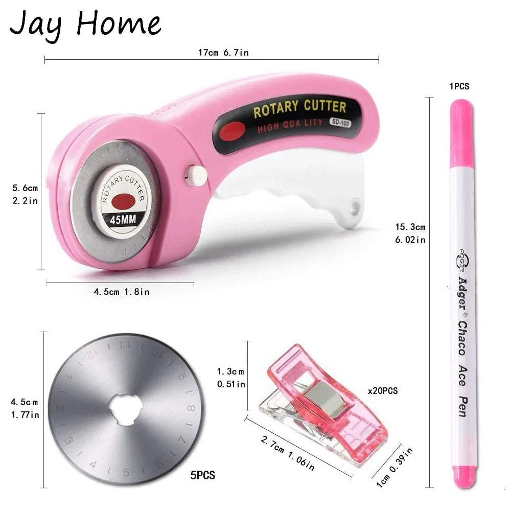 45mm Rotary Cutter with 5 Replacement Blades – Includes Sewing Clips and Fabric Marker Pen – Ideal for DIY Sewing, Fabric, Leather, Quilting