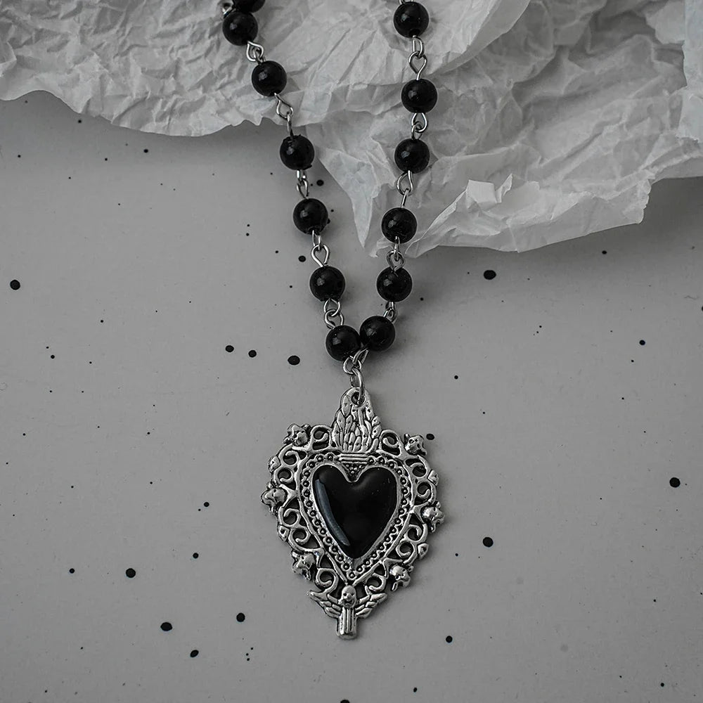 Gothic Bat Cross Necklace Set - Y2K Thorn Love Black Beaded Layered Jewelry for Halloween Parties