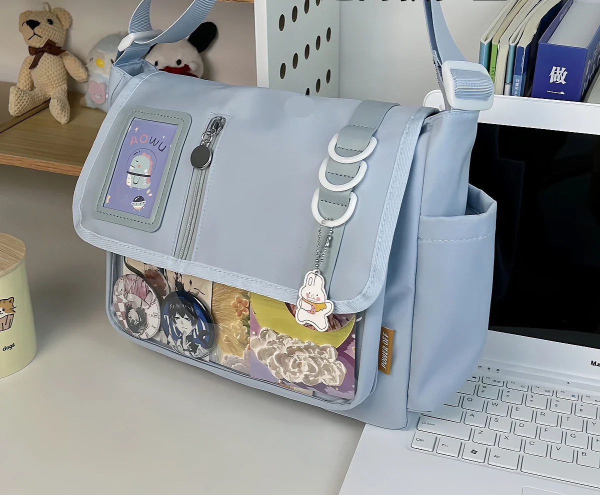 Y2K Japanese Harajuku School Bag — 2024 Transparent Itabag Crossbody for Teenage Girls with DIY Badge Display Plate