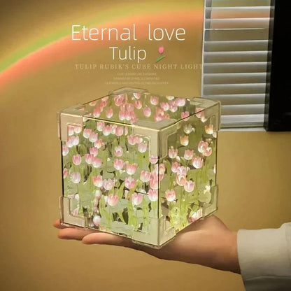 DIY Tulip Flower Sea Cube Night Lamp – 3D Creative Material Kit for Couples